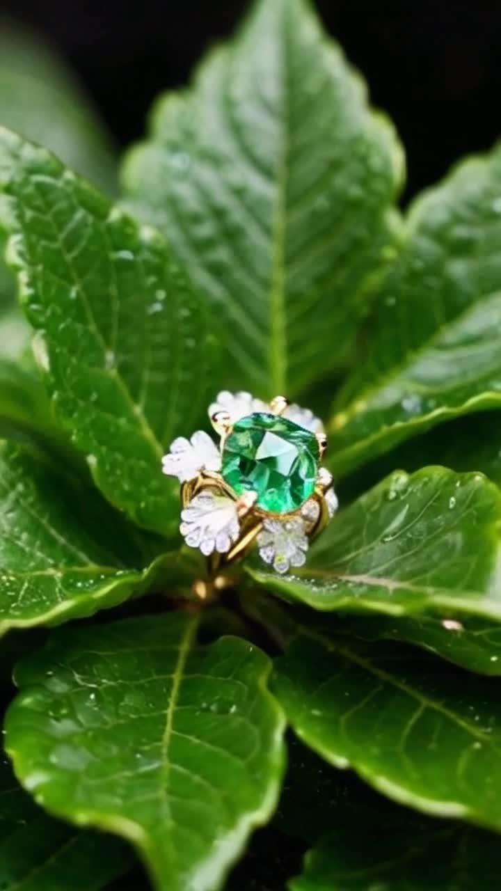 Emerald green leaves unfurling revealing a stunning gemstone ring glinting in sunlight delicate petals surrounding it shimmering with dewdrops soft breeze rustling through foliage creating a magical atmosphere vibrant colors contrasts between natures beauty and exquisite jewelry enchanting aura enveloping the scene