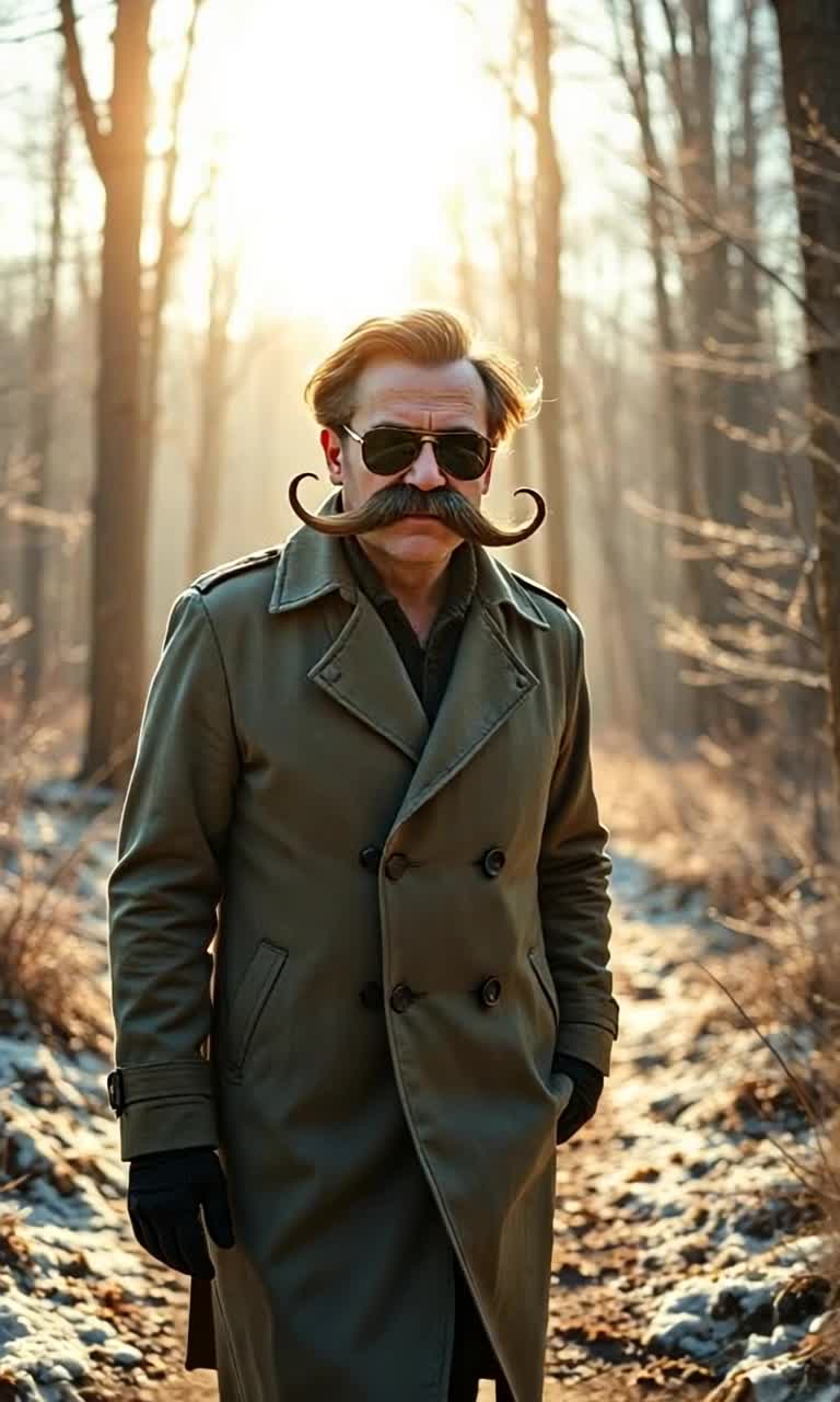 weird man with large mustache and sunglasses wearing a trenchcoat in a cold day in southeast Tennessee forest, sunny frosty morning, walking slowly 