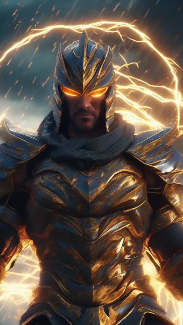 A fierce warrior with vibrant armor leaps into action unleashing brilliant high-frequency energy blasts that illuminate surroundings Shockwaves of power crackle through the air shimmering with intensity as dark storm clouds swirl above creating an epic atmosphere Thunder rumbles in the distance adding tension to the scene while sparks dance around him echoing the raw energy released