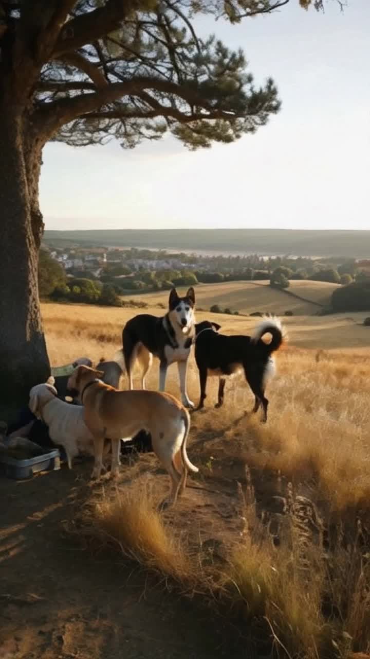 Loyal dogs of various breeds standing proudly beside humans showcasing companionship through time Ancient landscapes transitioning from bustling cities to tranquil countrysides highlighting historical moments like hunting herds of sheep and guarding homes Sunlight filtering through trees casting soft shadows on golden fields as dogs playfully interact with children and elders