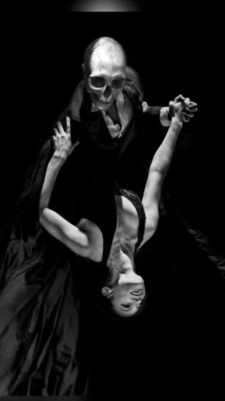 A beautiful woman, dressed in a elegant tight black dress that moves and flows beautifully, dances with death, a skeleton dressed in a slick black suit, they twirl together and he dips her back passionately as she leans, a black and white checkered tile ballroom floor beneath them, the background is a gorgeous night sky with galaxies and stars lighting up the sky, 