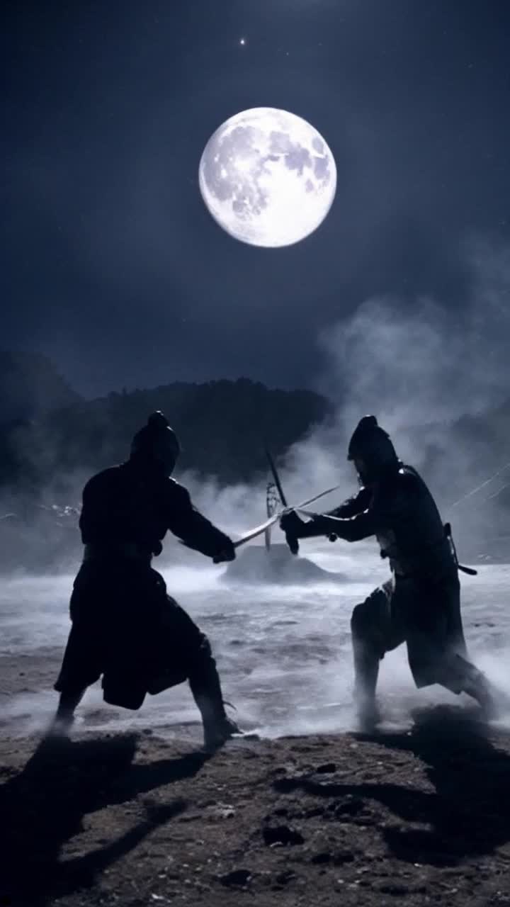 Glowing moonlight cascading over shimmering blades reflecting silvery hues Two fierce warriors engaged in a thrilling duel clashing swords with passionate intensity Dramatic shadows swirling around them forming intricate patterns on the ground enhancing the enchanting atmosphere of the night