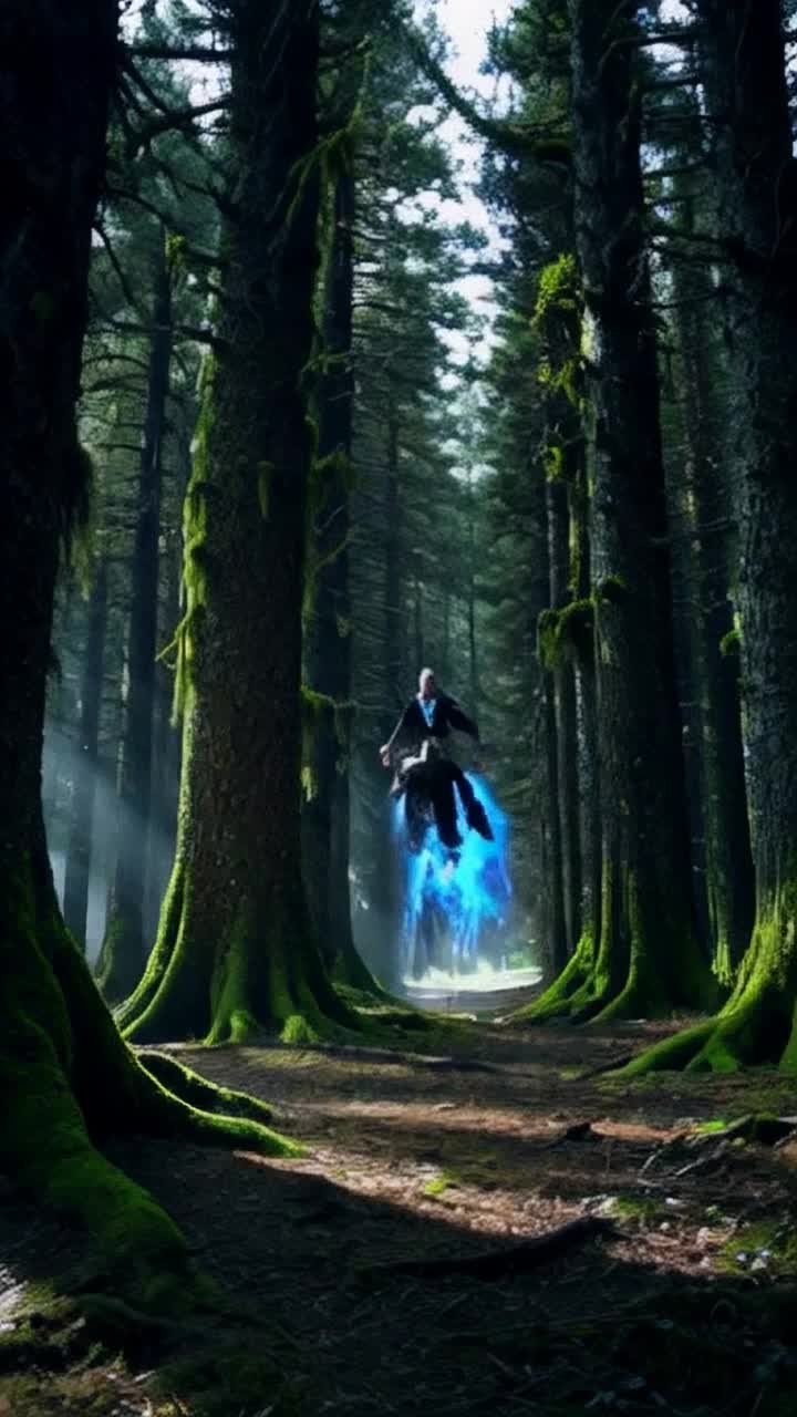 Radiant figure of an ascended master with striking spiky hair radiating brilliant blue aura lunges forward delivering a powerful swift kick Shadowy evil witch hurtles through air crashing into ancient towering trees covered in thick moss and vibrant lichen Darkened forest filled with whispering winds and rustling leaves shimmering light filtering through the canopy creating an ethereal glow