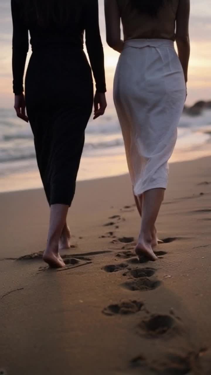 two women walking slowly along a quiet beach at sunset, one in a long black flowing skirt and the other in a long offwhite skirt, camera low and offcenter, angled view focusing on their movement and footprints in the wet sand, soft waves touching the shore, ambient lighting with long shadows, surreal atmosphere, no faces visible, natural motion, cinematic mood