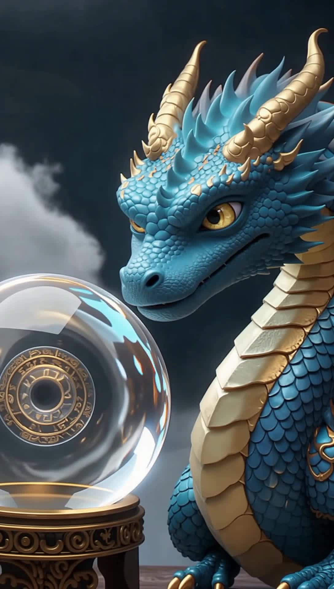 Majestic blue dragon stares into large crystal ball