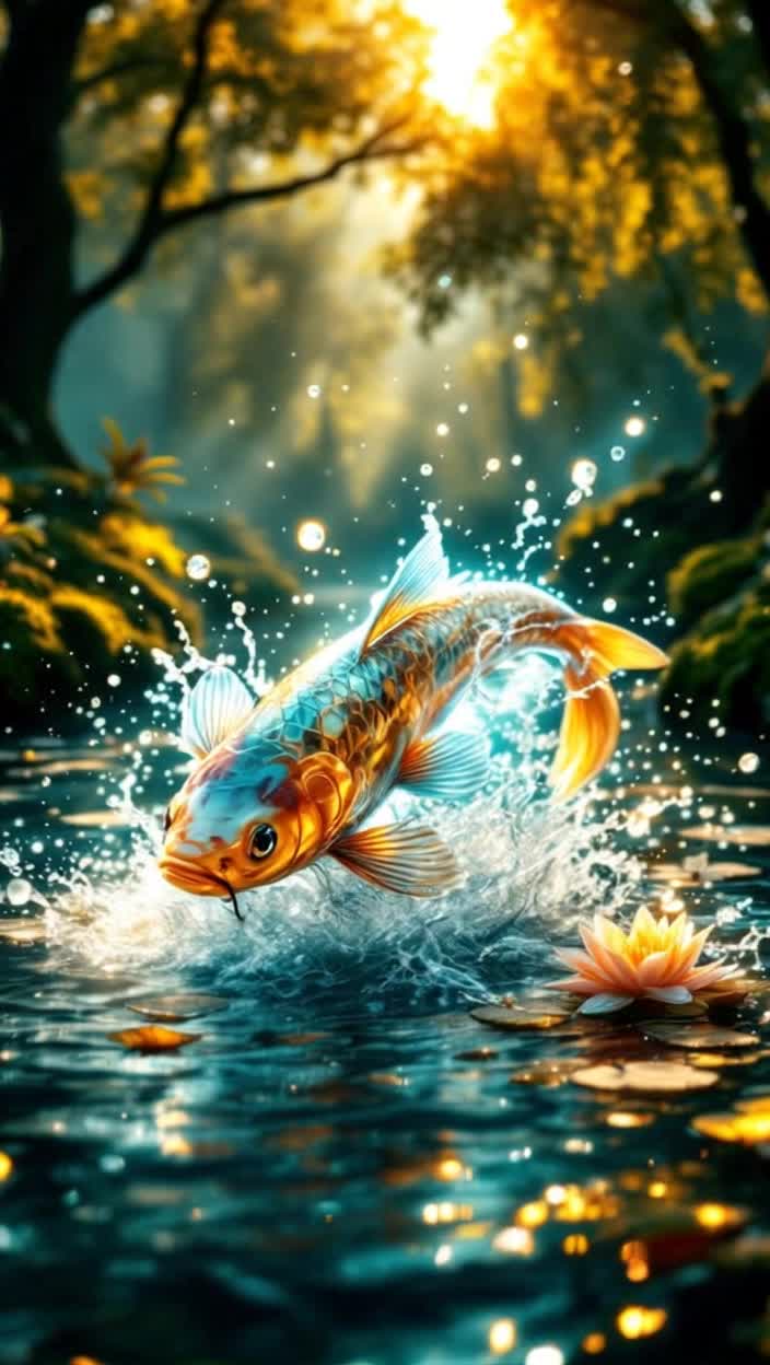 A small, mystical river in a lush, enchanted forest at golden hour Sunlight filters through the dense canopy of ancient oaks and weeping willows, casting long, dramatic shadows and dappled light on the waters surface The air is thick with mist ambient lighting rising from the cool, clear water Lush green moss covers the riverbanks, and vibrant water lilies float peacefully The atmosphere is tense with foreboding and magicPlot and ActionExtreme closeup, slowmotion shot of a tightly stretched fishing line A heavy, custommade fishing lure with intricate engraving and sharp, shiny hooks is partially submerged, creating a chaotic splash The water explodes in a chaotic spray of crystalclear drops, each one catching the golden light like diamonds The fishing rod, a beautiful vintage bamboo pole, is bent into a perfect, tense arc, its tip quivering with immense force The fishermans hands old, weathered, scarred, and with a leather bracelet grip the rod tightly, demonstrating an incredible struggleEscape  TurnFrom the center of the splash, a creature is seen, having just cast the hook, just leaping This is no ordinary fish This is a majestic, ancient River Spirit in the form of a massive, translucent koi carp Its scales are a living mosaic of liquid gold, motherofpearl, and emerald, shimmering with an inner light Its long, flowing fins and tail resemble ethereal silk, leaving phosphorescent particles in its wake in the water Triumph and defiance gleam in his intelligent, wise eye A single, gleaming fishhook is seen suspended in midair for a split second before falling from his jaws The spirit is depicted in a perfect, powerful arc, water flowing from his body as he begins his descent back into the depths, forever freeCinematic Style and DetailsStyle Photorealistic fantasy art, in the style of Greg Rutkowski and Ross TranLighting 3D god rays, cinematic lighting, golden hour, underwater caustics reflecting off the river spirits scalesDetails Hyperdetailed water texture, visible wood grain on the rod, every drop of water in perfect focus, intricate patterns visible on the River Spirits scales Depth of field is shallow, focus on the moment of escapeColor Palette Rich emerald greens, deep blues, warm golds and silversMood Epic, magical, tense and slightly melancholicKeywords epic fantasy, fishing, escape, river spirit, koi fish, slow motion, splash, cinematic, hyperdetailed, 8k, surround lighting, golden hour, enchanted forest, dynamic action, water drops, glow, scales, triumph, freedom, magical realism, Greg Rutkowski, Ross TranTell a story There is a beginning a tense fight, a climax a jump and a twist the mythical creature escapesSet maximum detail The smallest elements are described, like water drops and scars on the handsCreate dynamics The scene is not static it is a pivotal moment of struggle, frozen in timevolumetric lighting, cinematic, hyperdetailed