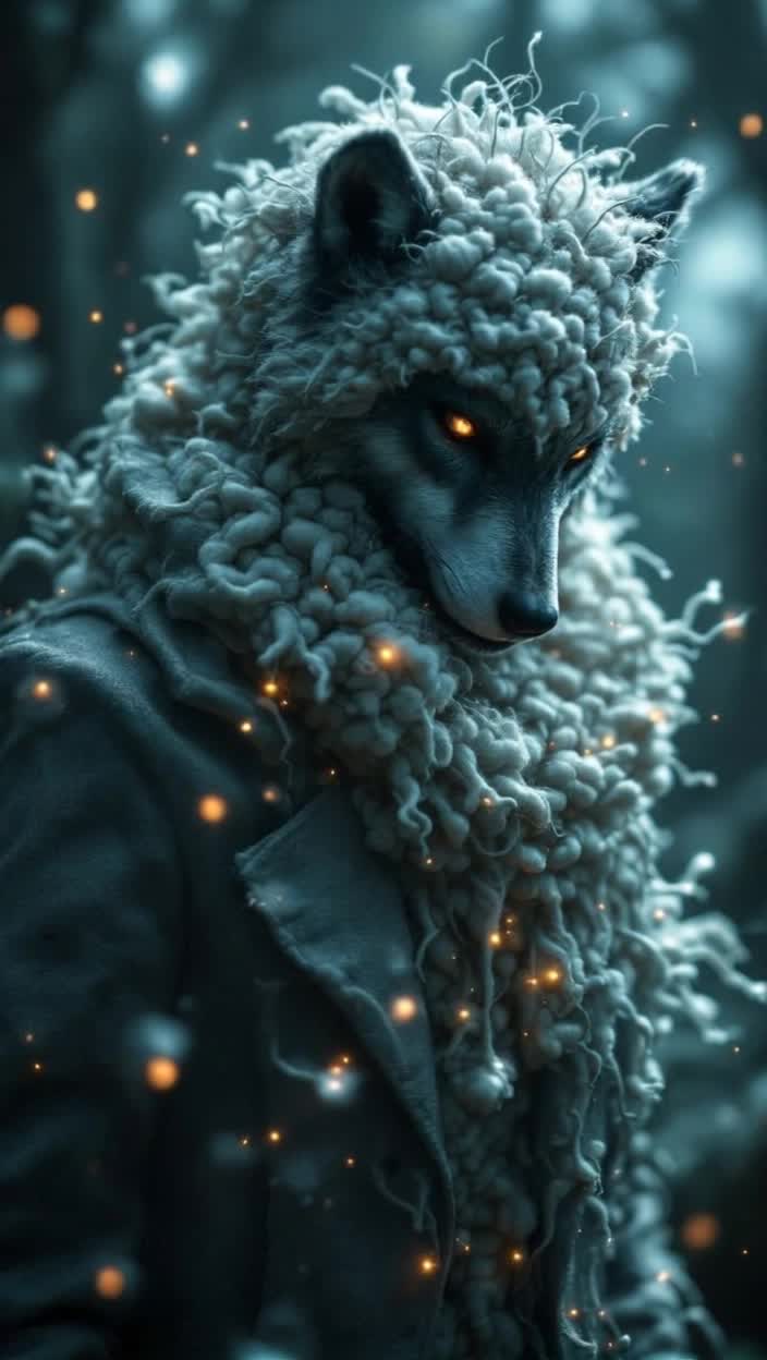 macro shot14, A surreal and slightly horrifying scene a wolf is halfinside a sheeps skin, like putting on a suit The wool is stitching itself to its fur with ethereal, glowing threads of dark magic The wolfs face is caught between its true form and the gentle mask Style of Guillermo del Toro, dark fairy tale, mystical lighting ar 916 style raw