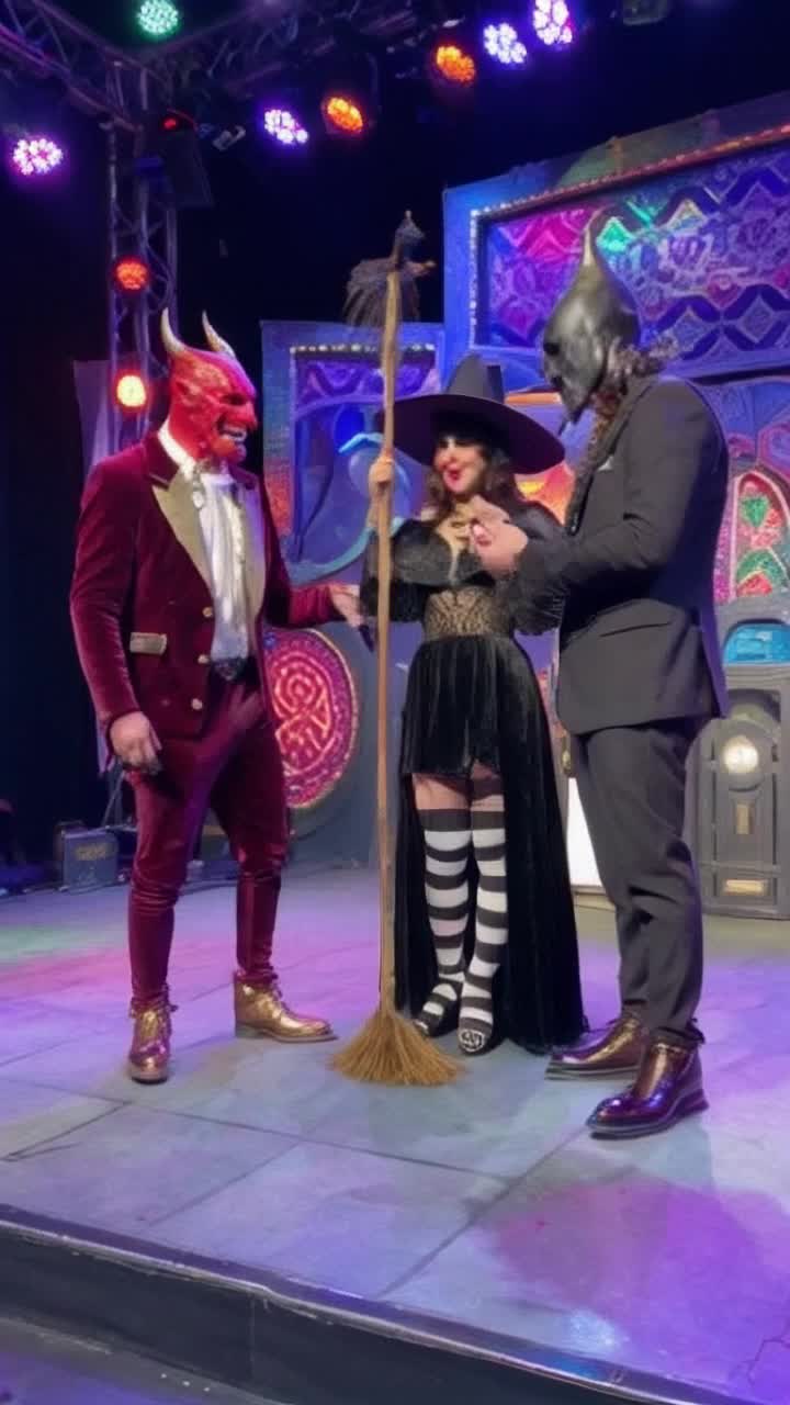 Three whimsical demonic creatures adorned in vibrant velvet suits lacy shirts and shiny leather shoes with gold buckles shuffle eagerly on stage Their mischievous eyes glimmer with anticipation as they vie for attention from a witchy haglike figure who stands confidently in a flowing witches gown oversized hat and striped black and white stockings She grips a broom like a scepter basking in the spotlight while exchanging playful glances Casting a kaleidoscope of colorful lights a retro game show set exudes funky patterns and psychedelic backdrops reminiscent of the 1960s allure making the scene both enchanting and hilariously chaotic