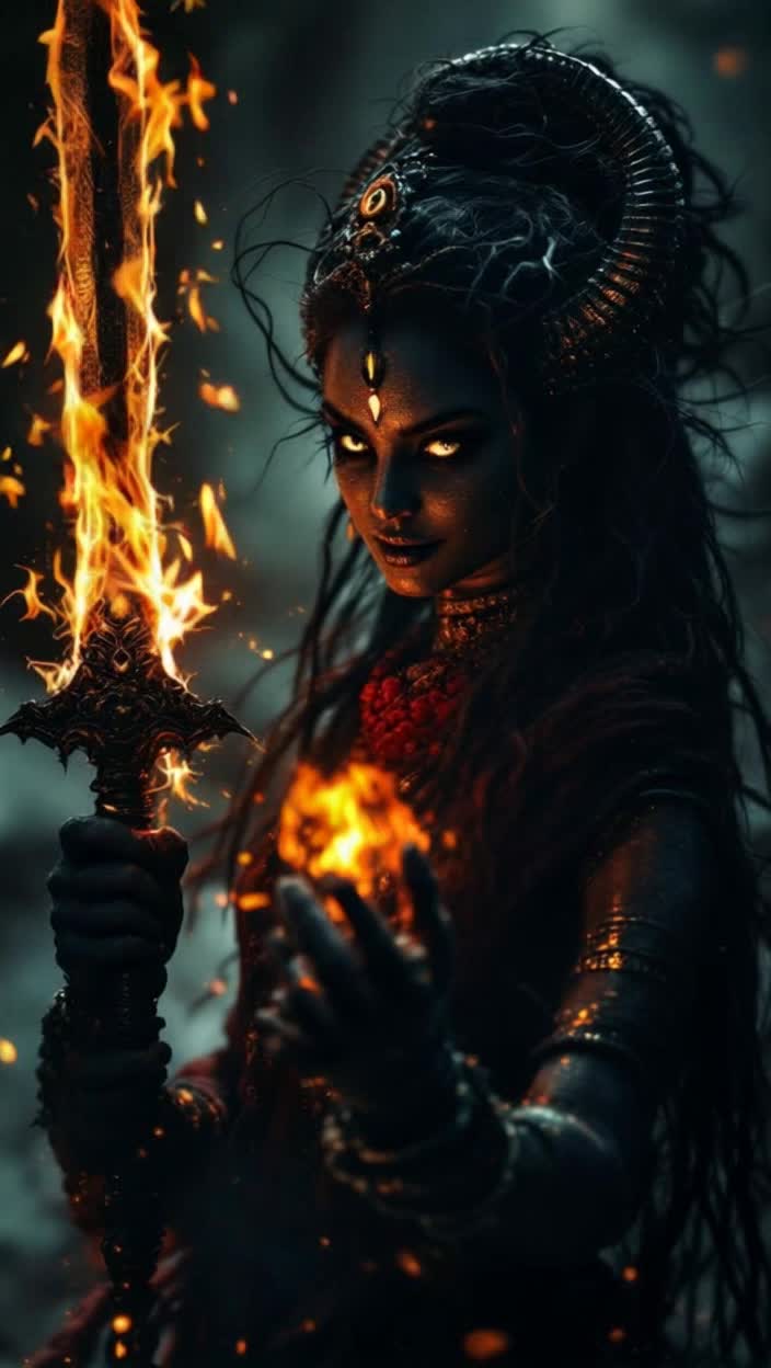 Maa Kaalratri, fierce divine goddess, depicted with deep black complexion, disheveled hair, and piercing three eyes radiating strength Emerging from shadows, khadga sword reflecting eerie light, thorn weapon glowing ominously As background darkens, slowmoving donkey shadow evokes fear Dynamic transition reveals goddess in flash of flames and lightning, adorned with Vidyut Mala Four hands transition flawlessly, showcasing Varada Mudra, Abhaya Mudra, weaponry in a mesmerizing display Final scene transforms to serene stillness, her gentle smile illuminating devotion, concluding with KALRATRI in golden letters amidst enchanting mantra fading into silence