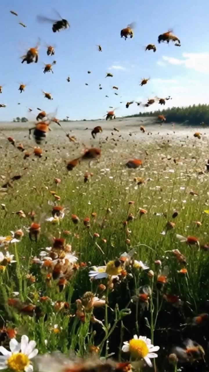 Thousands of vibrant bees buzzing in dazzling hues of yellow black and iridescent blues  Swarming rapidly in chaotic patterns darting in every direction  Bright sundrenched meadow filled with blooming wildflowers swaying softly in a gentle breeze sparkling with morning dew  