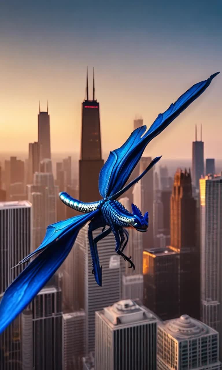 The blue dragon flies over the Chicago skyline at dusk golden hour with haze
