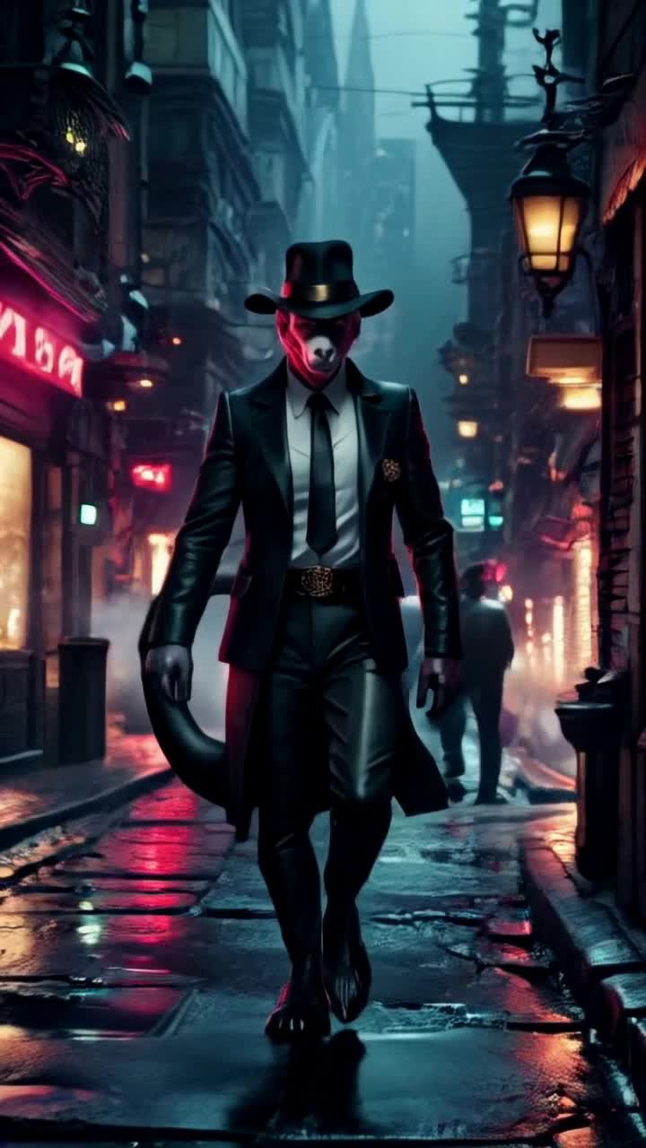 Confident male anthropomorphic rat exuding authority dressed in sleek tailored black suit and crisp white shirt detailed with sharp black tie and jaunty black fedora casting a shrewd glance with piercing yellow eyes meticulously groomed tail poised behind him navigating dimly lit alleyways of bustling city nightlife neon lights reflecting off wet pavement surrounding hidden underworld gatherings smoke curling from shadows as deals unfold amidst tension highlighting his strategic mindset and fierce loyalty navigating moral complexities in pursuit of power shaping legacy of influence with calculated charm