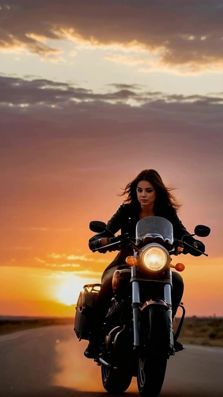 Beautiful elegant woman riding her motorcycle with a beautiful sunset behind her 