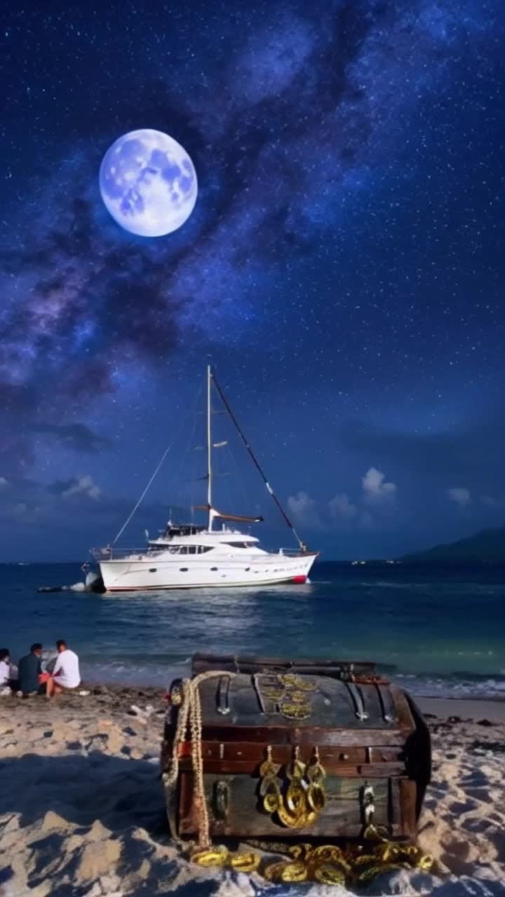 The majestic southern night shines with a magical fairytale charm ocean waves gently lapping at a deserted island shore a weathered pirates chest overflowing with shining gold coins bright coral necklaces shimmering treasures a large white yacht regally sways on the waves from a wild picnic enjoyed by the tourists and the yachts crew  the unearthly glow of the moonlight illuminates the scene sparkling stars twinkle above the surreal setting is shrouded in a magical mystery and wonder