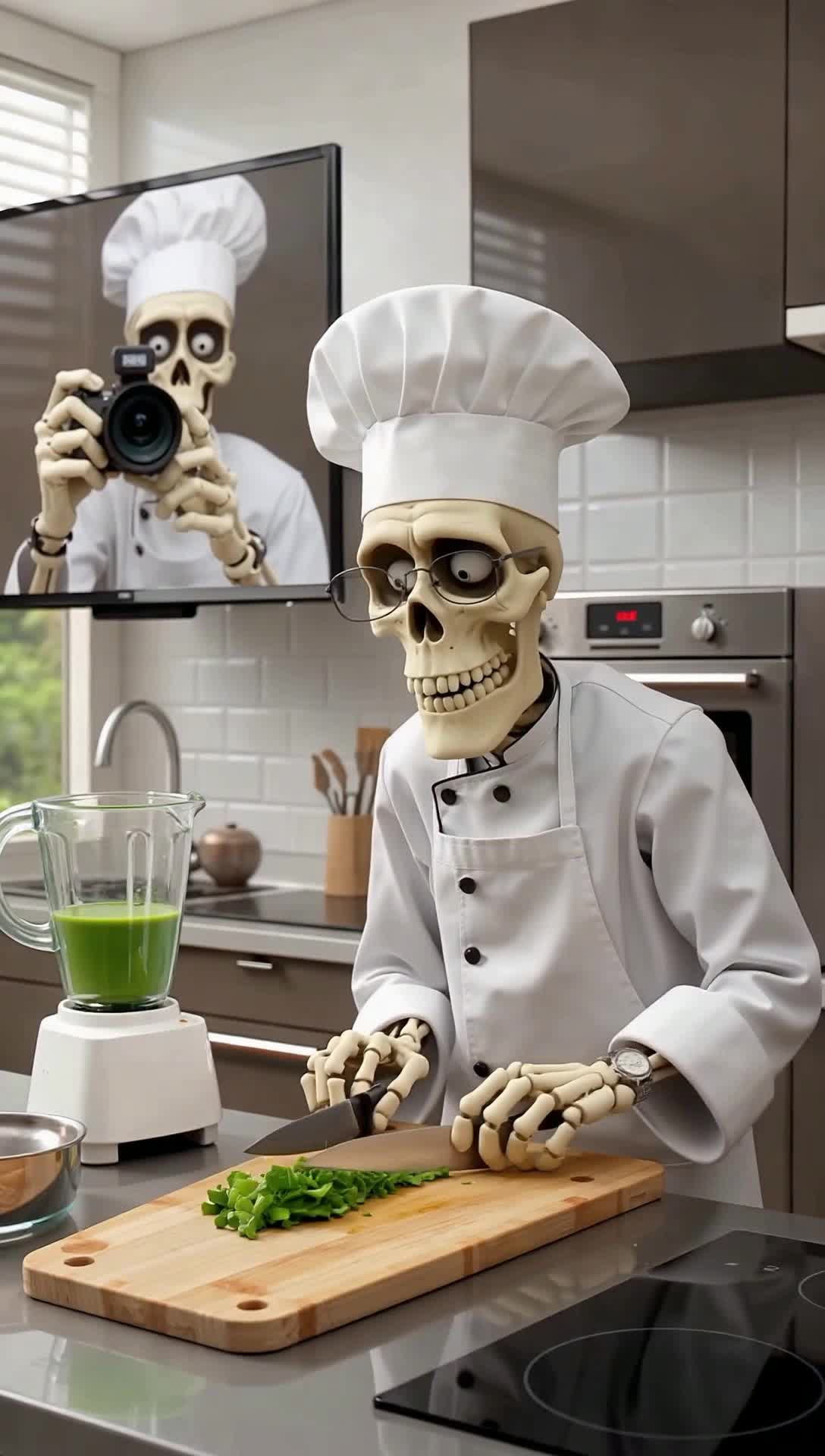 A skeleton wearing a white apron over a chef uniform and jaunty chef hat is in a sleek and modern kitchen in front of a television camera where a camera skeleton man gives a skeletal thumb up that they are an the air, live as a neon sign over the skeleton camera man suggests   The skeleton chef has just chopped up a bunch of vegetables to make a smoothie with, using the knife against the chopping block, the skeleton scrapes the chopped veggies into the blender and the hand holding the knife falls into the blender, the knife falls onto the counter,  the skeleton pauses with a grimace, looks at the viewer and gives an awkward, embarrassed smile, setting the chopping  board down to reach into the blender with the other skeletal hand, grab the fallen skeleton hand out and reattach back to the wrist, then waves that everything is okay, even making the okay sign with the reattached skeleton hand