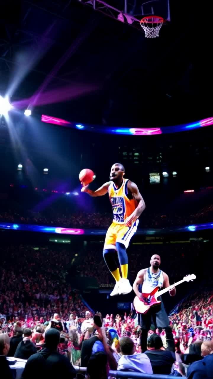 A towering figure Bill Walton in vibrant Trailblazers jersey soaring through the air executing a powerful slam dunk with grace bright smile beaming across his face Grateful Dead band performing in the background mesmerizing audience with electric rhythms swirling psychedelic paisley colors enveloping scene fluorescent hues pulsing vibrantly as lights flash illuminating every movement capturing the essence of joyful celebration boundless energy radiating from players and musicians alike creating an unforgettable moment in time