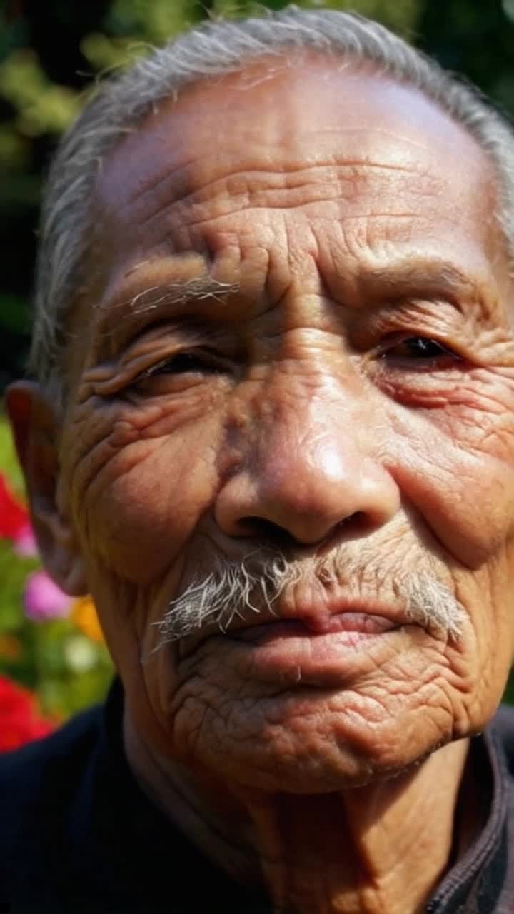 Closeup An intricate face adorned with deep furrows and creases that convey wisdom and stories told through time Gently lit by soft ambient light that emphasizes every wrinkle as she breathes A vibrant garden bursting with colorful flowers and lush greenery swirling around, enhancing the contrast between age and youth