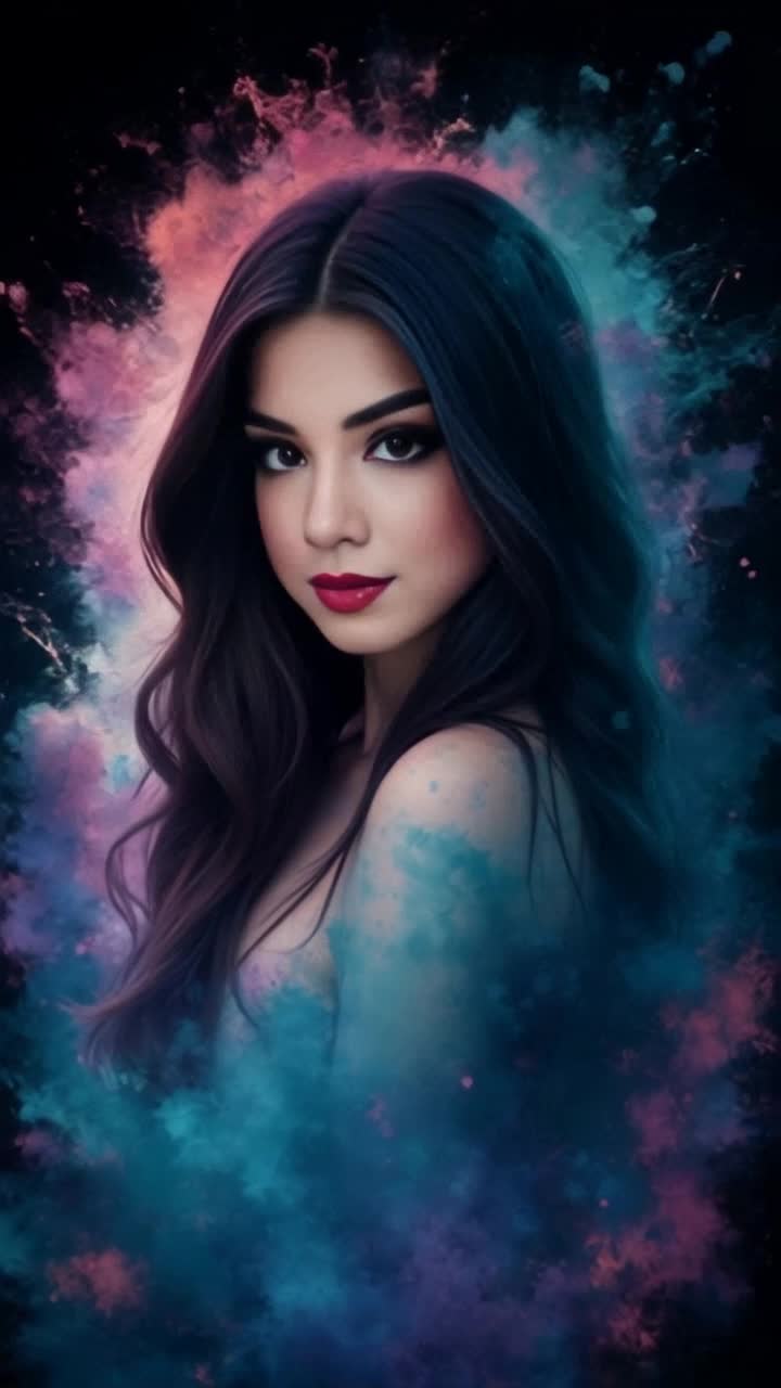 Graceful woman adorned in flowing silks surrounded by swirling vibrant smoke tendrils billowing softly mesmerizing colors blending seamlessly illuminating her confident smile enchanting every onlooker Ethereal atmosphere enveloped in wispy clouds of pink purple and blue creating a mystical ambiance reflecting gentle light shimmering off delicate features as she glides effortlessly through dreamlike landscape