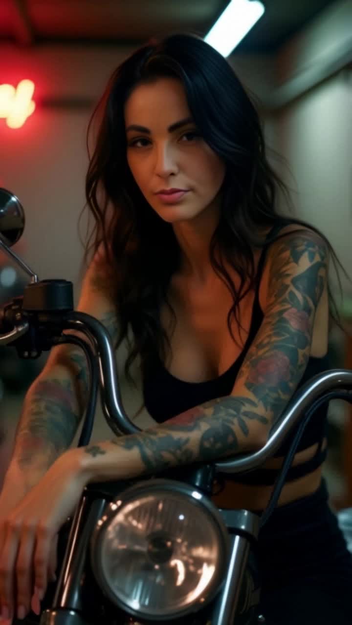 Confident figure rising gracefully from a motorcycle with a playful wink while smooth hand waves farewell Warm golden light enveloping a cozy room adorned with soft textiles and reflective surfaces creating an intimate atmosphere as gentle music plays in the background