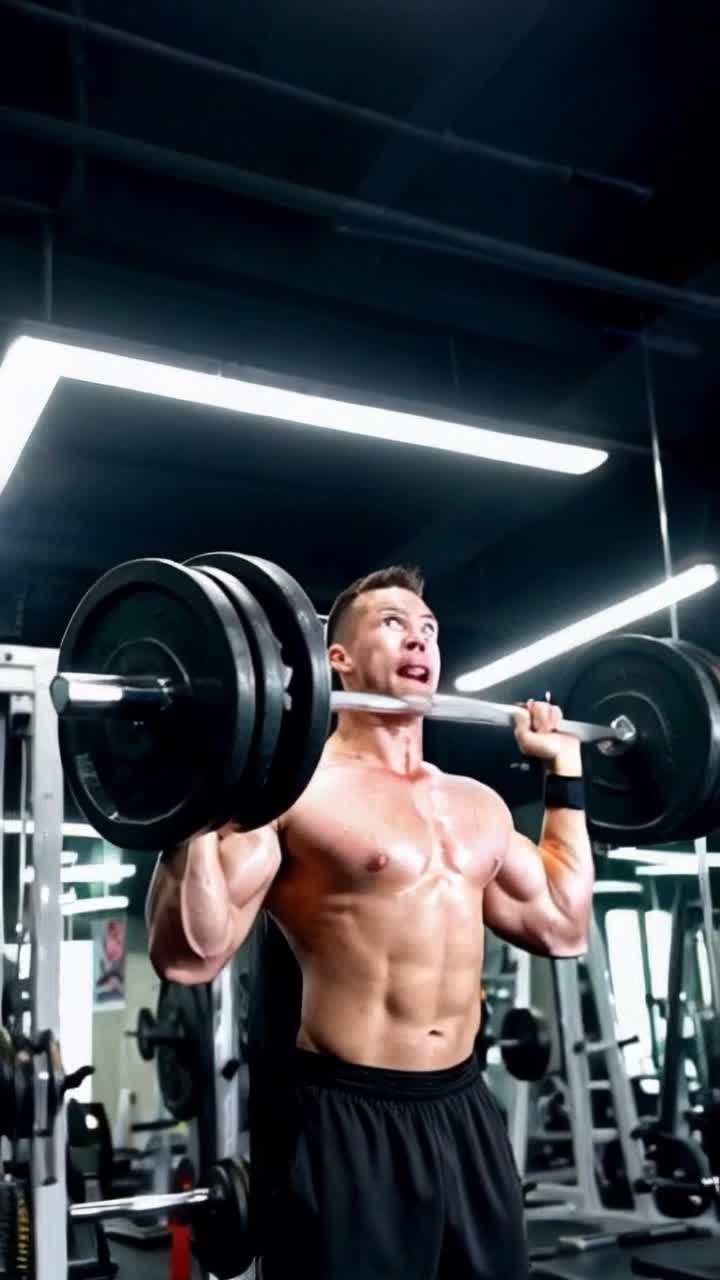 Muscular athlete soaked in sweat straining against heavy weights rising above head sharp pain radiating through shoulder vibrant gym full of equipment mirrors reflecting determination energetic music pulsing in background motivational posters lining walls bright fluorescent lights casting dramatic shadows