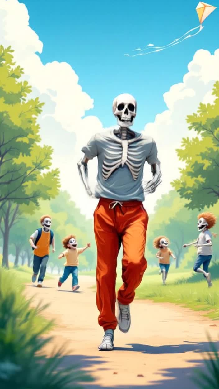 A skeleton in sweatpants and tshirt jogs on a park trail past a couple of skeletons in casual clothes playing frisbee, its a comfortable sunny day, two skeleton children are flying a kite