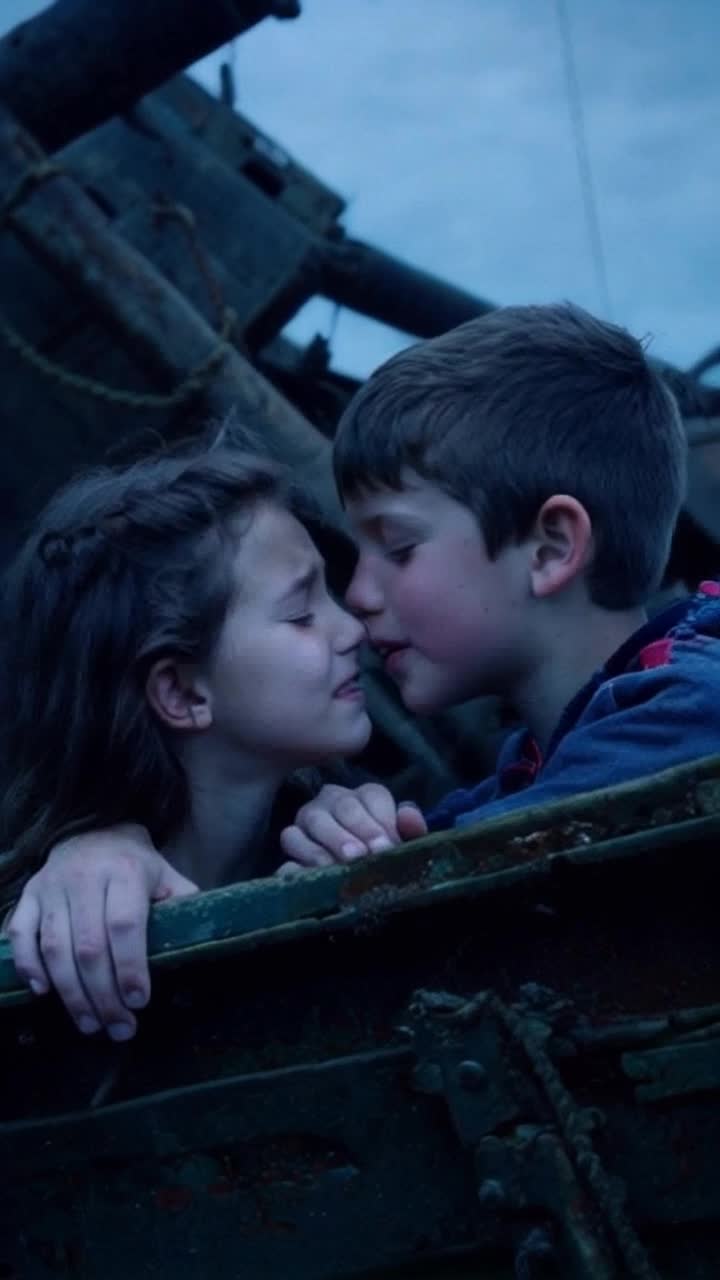 Boy and girl kiss under the sea in a broken ship with a pure love feel and then they hug together and they are feeling there last minutes of life with tears and smile 