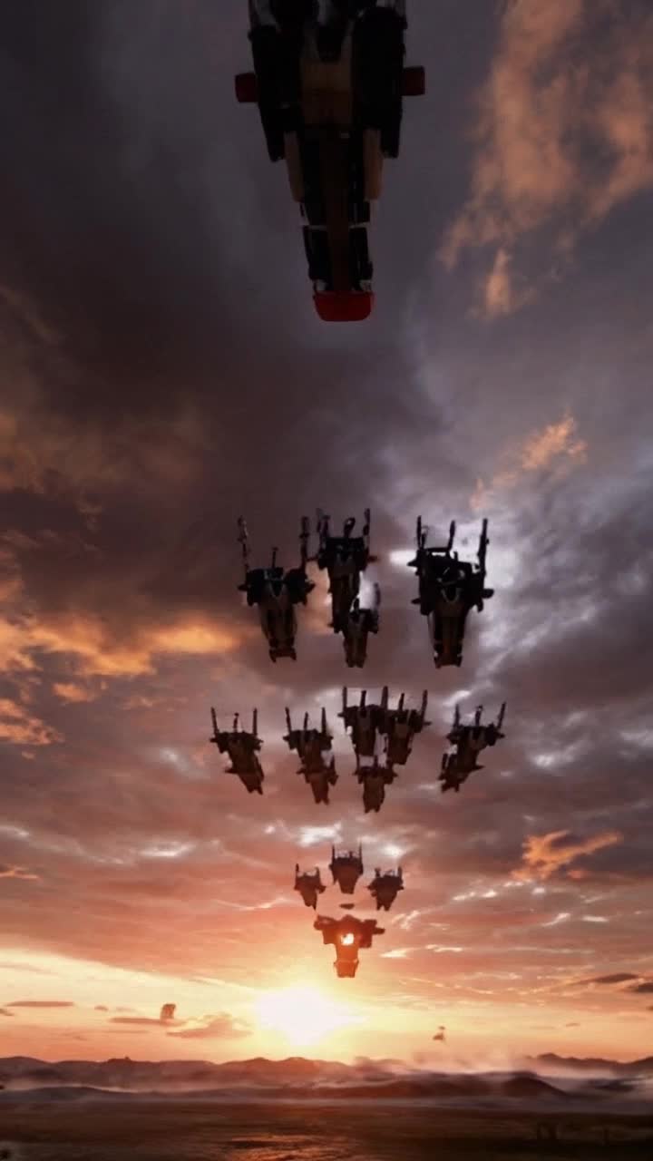 Sleek metallic robots adorned with vibrant jet packs hover in formation glistening under a sunset sky poised for action aiming to intercept enemy swarm soaring through clouds battle-ready. Gripping tightly onto their controls they launch into a synchronized descent cutting through the air with grace accelerating towards the horizon. Above a backdrop of fiery orange and purple hues casting dramatic shadows across an expansive sky filled with dark silhouettes of approaching foes their engines roar in unison echoing through the atmosphere promising an epic confrontation