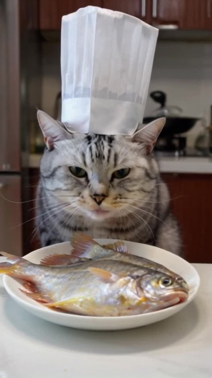 A cat cooking a fish And eat the fish with cat sound 30 sec video 