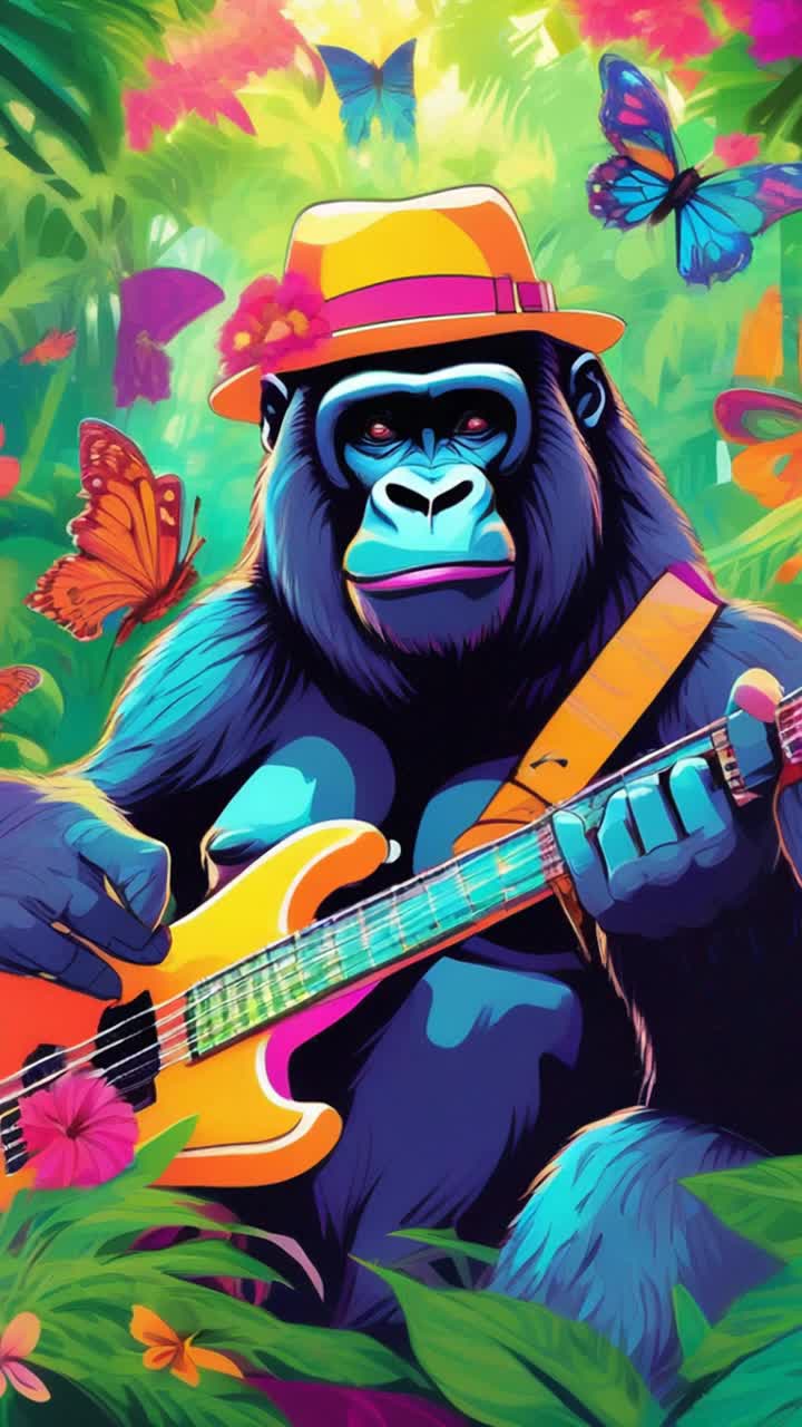 Vibrant gorilla with relaxed demeanor wearing a color shifting bucket hat plucking strings on bass guitar pulsating with rhythm amidst lush tropical foliage swaying gently under a kaleidoscope of bright colors beams of sunlight filtering through leafy canopies creating a dreamy atmosphere exotic flowers blooming in every direction sounds of nature harmonizing with melodic beats energetic butterflies fluttering around adding life to the serene scene