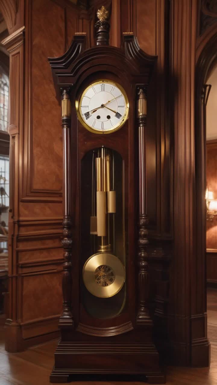 A beautiful large grandfather clock with gold numerals  and dials The face is ivory colored and the clock is encased in very beautiful rich mahogony wood The clock is stuck meaninfully at 12 midnight the gorgeous clock is up against an elegant wall in a respendant  library room of an ancient English mansion with resplendent white marble floors The intense huge full moon is shining on the large clock from the huge old fashioned windows There are rich long maroon draperies with golden tassels the curtains are not closed but open and the  moon is illuminating the room