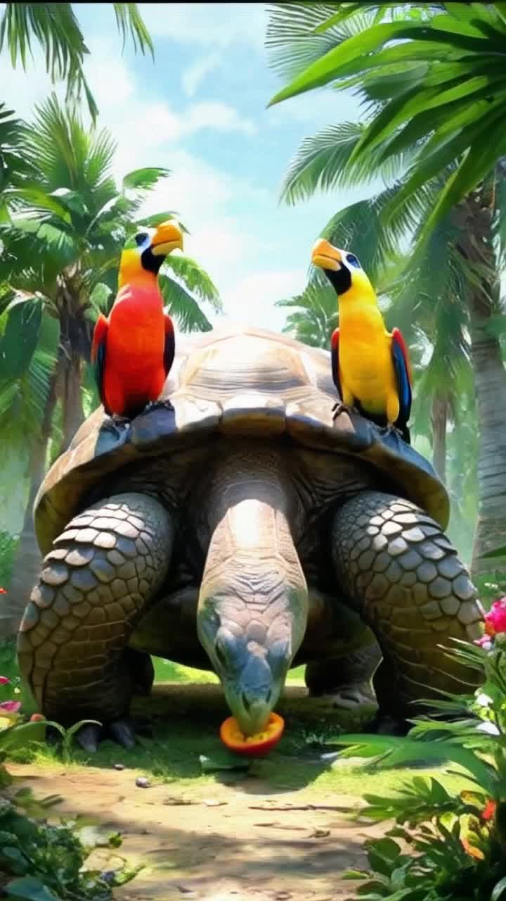 Giant tortoise basking in sun surrounded by colorful tropical birds holding vibrant fruits with joyful expressions Sharing juicy slices of pineapple mango and papaya in a lush green jungle filled with exotic flowers and fluttering butterflies Bright sunlight filtering through palm leaves casting playful shadows on the ground creating a whimsical atmosphere filled with laughter and adventure