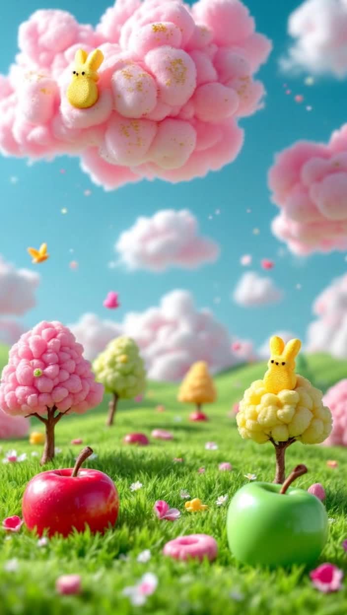 Cotton candy clouds decorate blue raspberry sky under twinkling gold dusted chocolate bon bons and on the lime candy grass the chocolate Snickers trees have grown both the red apple hard candies in the shape of red apples and green apple candy apples, one has a gummy worm poking a hole into it, pink and yellow marshmallow peep  birds look around at their wonderful home in the country