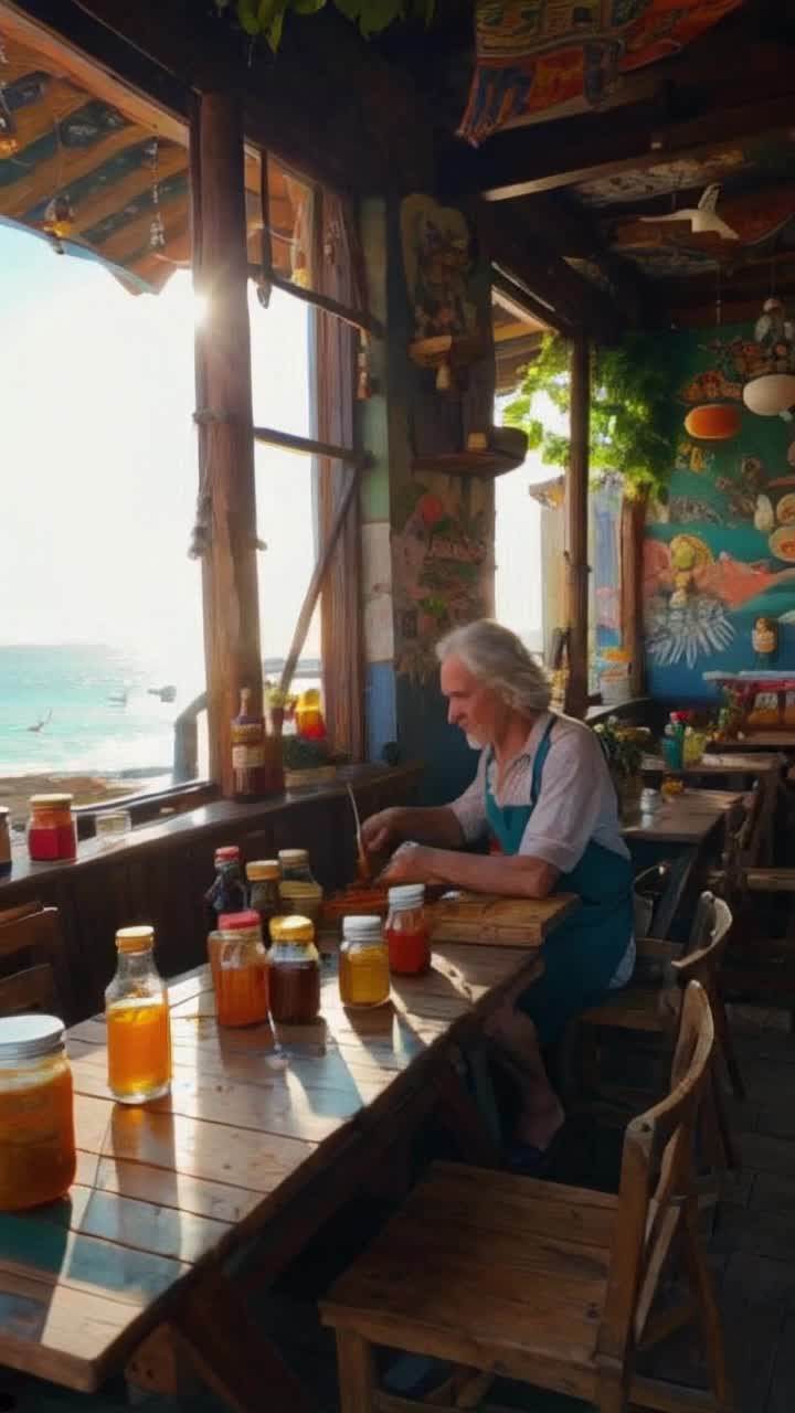 Quaint coastal café filled with vibrant murals and seaside decor retired traveler with silver hair and sun-kissed skin gracefully whisks exotic spices into simmering sauces hands swirling with the rhythm of distant lands enticing aromas wafting through the air colorful jars neatly lined on shelves sunlight streaming through large windows casting warm glows on rustic wooden tables seagulls calling from outside lush greenery swaying gently in the ocean breeze inviting atmosphere filled with laughter and chatter of locals and tourists alike