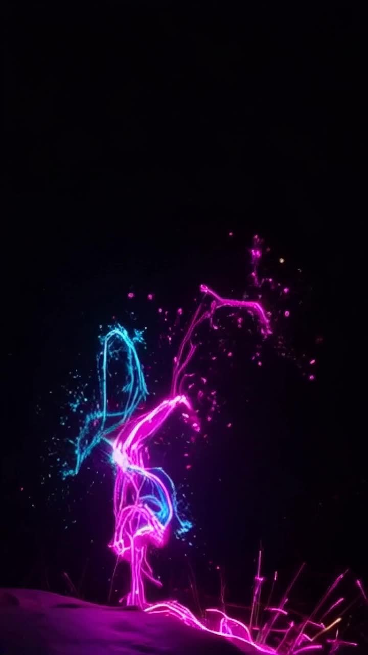 Colorful neon scribbles dance across the screen in various shapes and sizes Flickering and pulsating as if alive creating a mesmerizing spectacle against a dark backdrop Electric purple blues and vibrant pinks swirl and intertwine forming a chaotic yet harmonious display Sparks of light burst from the edges illuminating the surrounding darkness in an otherworldly glow Fluid movements mimic the rhythm of an unseen beat inviting viewers to lose themselves in a vibrant dreamscape The vibrancy of neon colors contrasts distinctly with the shadowy space around adding depth and intrigue to the electrifying scene