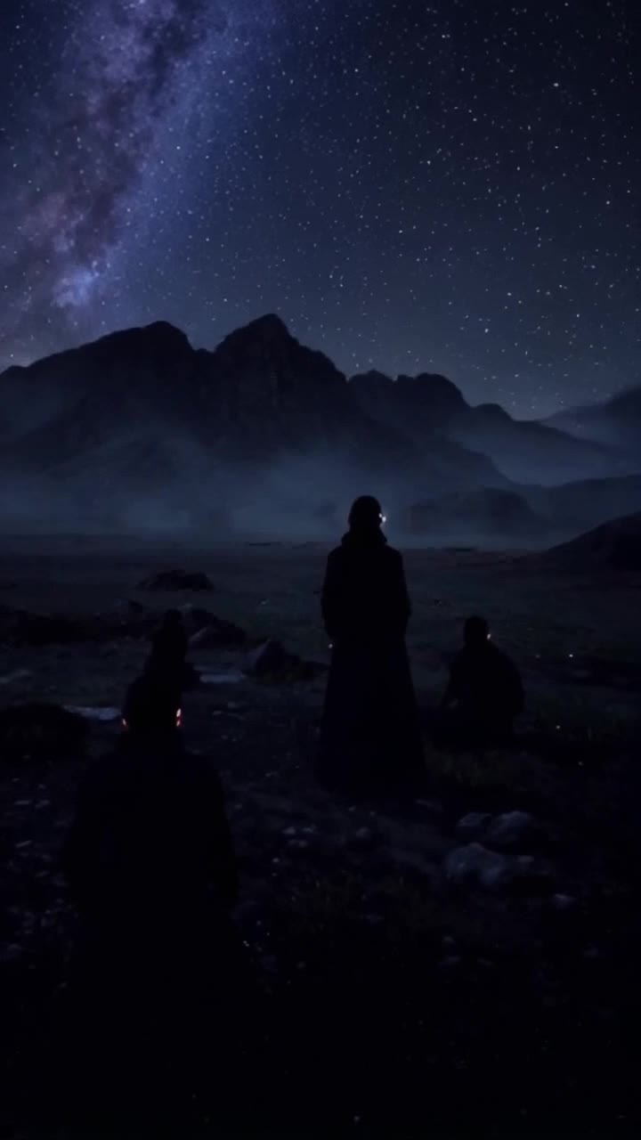 Eerie shadowy figures lurking in the misty darkness climate across barren landscapes Faint whispers echo through the frosty air twisting around shadows as they observe with glowing eyes Unyielding mountains tower in the distance under a star-studded sky silent witnesses to the ancient presence enveloping the scene