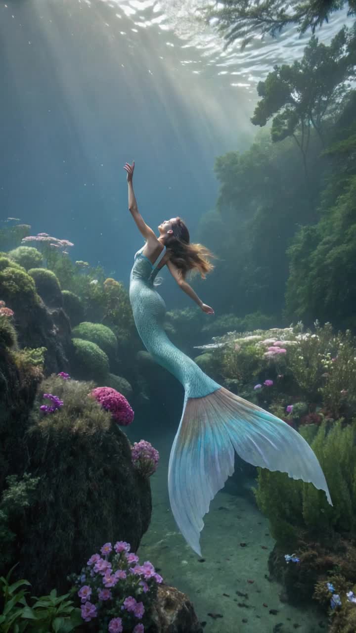 A mermaid with long fins dances in a forest field near a pond, surrounded by flowers and coral formations