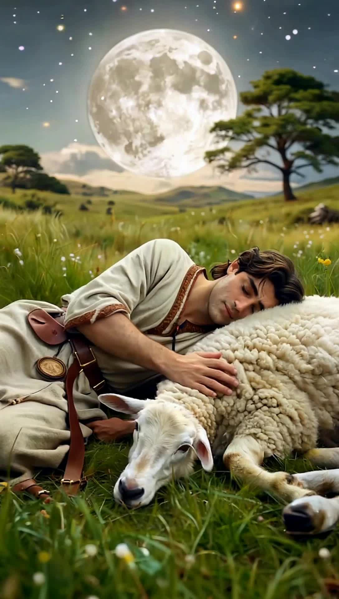 a shepherd sleeping and dreaming about selene the greek moon goddess while in eterenal sleep