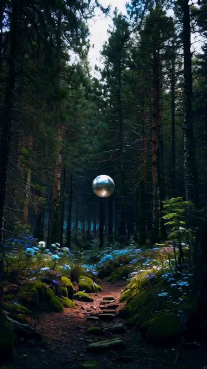 A beautiful deep dark mysterious forest in the Northern USA The forest is full of varied trees and plants including pine trees cedar trees oak trees mosses ferns bushes  and vines as well as gorgeous wildflowers of white, blues, pinks , purples, and yelllows  Amidst this beautiful scene a beautiful three and one half foot shiny silver ball floats in midair