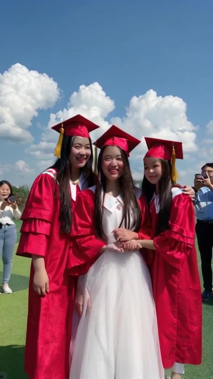 Proud mother embracing two joyful daughters wearing vibrant red graduation gowns with white dresses underneath Long flowing hair dancing in the breeze All three smiling radiantly as they toss their red graduation caps high into the sky Celebratory confetti gently falls around them under a clear blue sky filled with fluffy white clouds Surrounded by cheering friends and family capturing the moment on cameras vibrant green grass underfoot glimmers in the sunlight creating a perfect backdrop for this unforgettable milestone