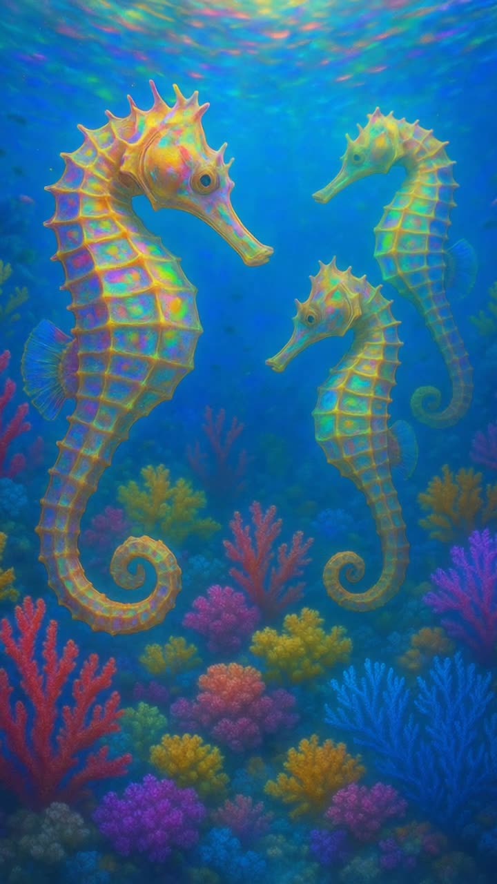 Vibrant iridescent seahorses gracefully twirl through tranquil ocean currents, their delicate tails swirling in harmony Sunlight filters through crystalline waters, casting shimmering patterns on the ocean floor filled with soft coral reefs and swaying sea grass Schools of tiny fish dart in the background, creating a lively dance around these enchanting creatures Each seahorse glimmers with a spectrum of colors, reflecting hues of pink blue green gold as they explore their underwater paradise Bubbles rise to the surface, adding a whimsical touch to this mesmerizing aquatic ballet