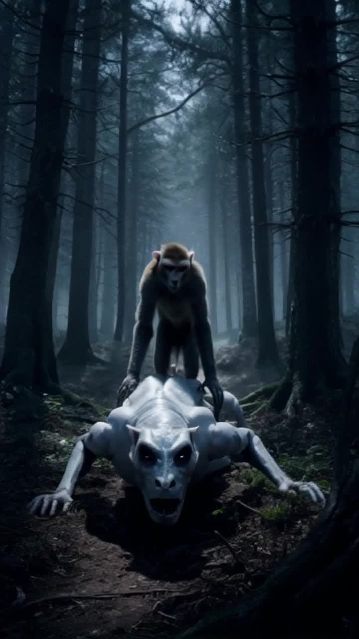 Creepy pale humanoid creature with a Gregorian monkey standing behind it in a woods, hairless, black eyes, no mouth, crawling on all fours, elongated skinny limbs, dark and ominous, fog filled woodland, high contrast, shadows playing on creatures skin, moonlight filtering through dense treetops, by HR Giger and Junji It 