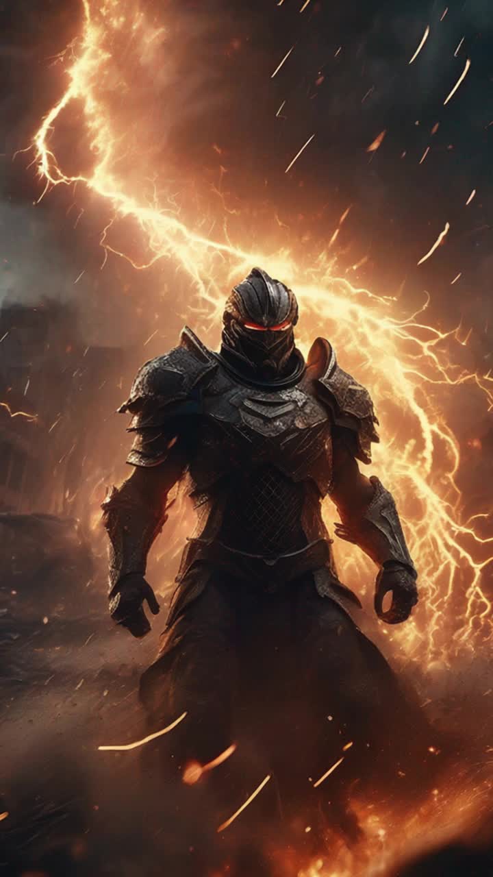 Heroic warrior clad in radiant armor standing resolute amidst swirling flames and chaos fierce demonic horde lurking in shadows charging forward with malevolent intent. Strikes lightning-fast like a comet illuminating the darkness forging a path with each powerful blow. Urban battleground scarred by explosions debris raining down as smoke swirls creating a surreal atmosphere hope intertwined with despair amidst the ruins of civilization