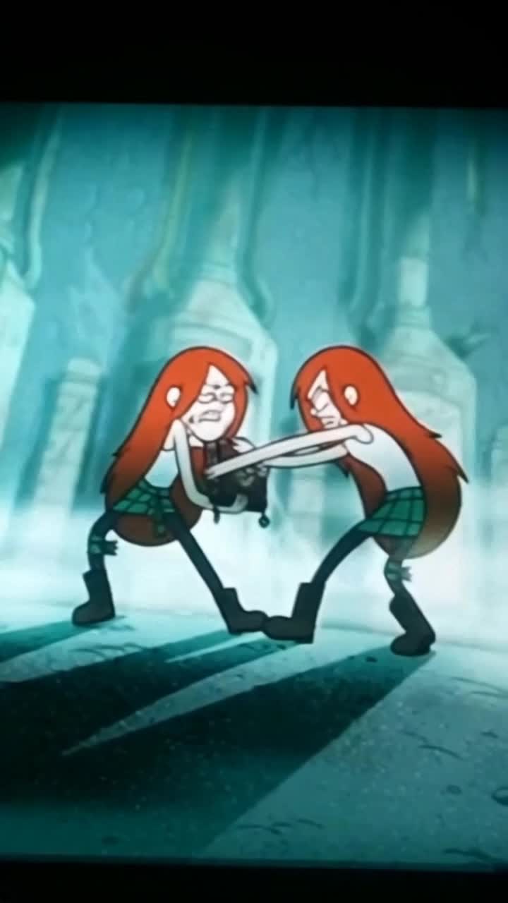 Two clones of Wendy from Disneys Gravity falls fight over Dippers journal deep in the underground bunker