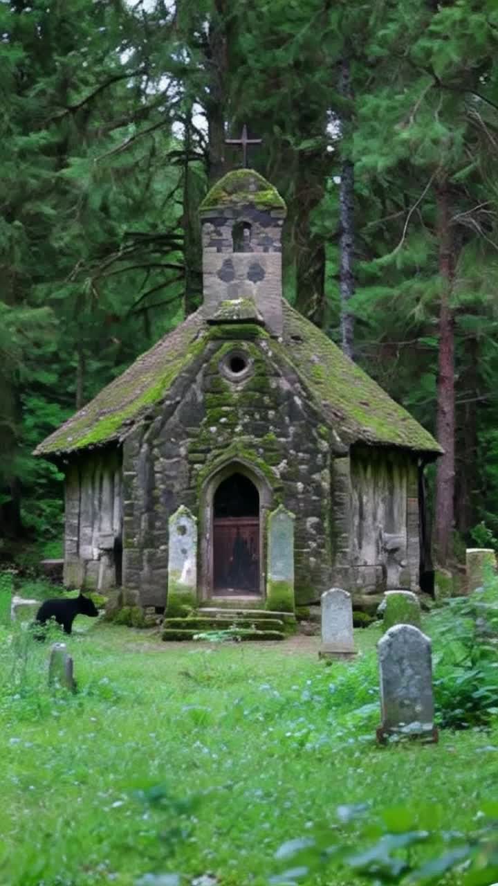A small once white  once beautiful chapel like church from the 1800s rotting in a deep dark mysterious Northern forest in the USA The church is covered with moss and ivy and there are tangles of weeds and other plants everywhere that mostly obscure old gravestones A large black bear and cub are walking thru the area