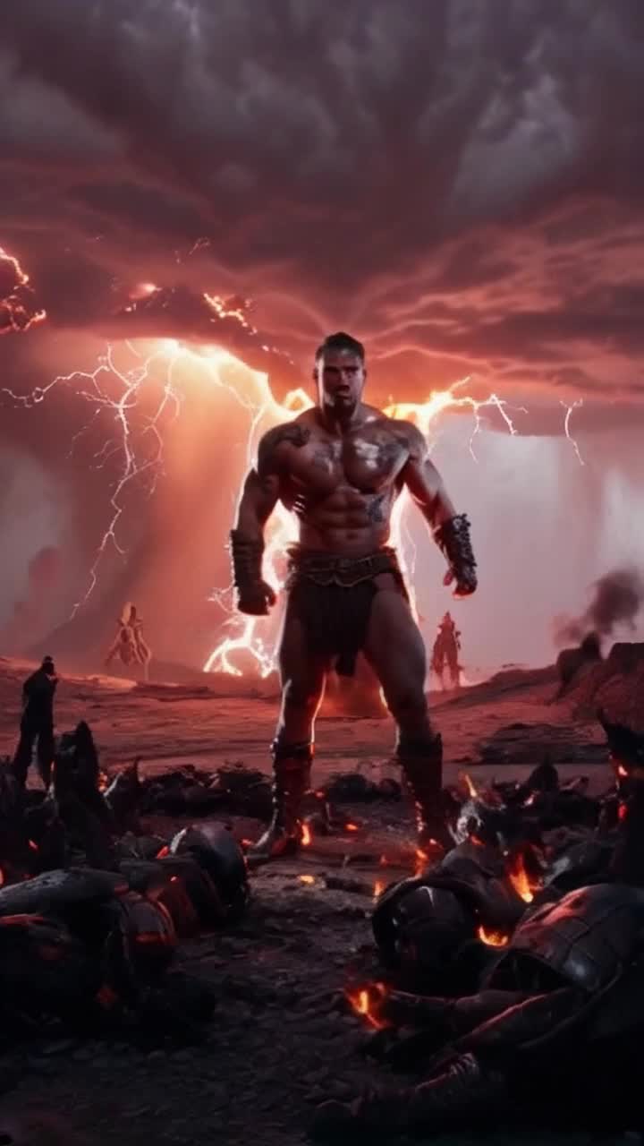 Heroic warrior standing tall muscles rippling illuminated by the glow of battle scars surrounding defeated foes littering the ground. Posing defiantly flexing with confidence radiating strength inviting the next wave of darkness. Ominous storm clouds swirling overhead lightning crackling illuminating the bleak landscape alive with tension anticipation. Shadows dancing in the distance whispering challenges waiting for the hero's next move fiery determination burning in his eyes igniting the air around him
