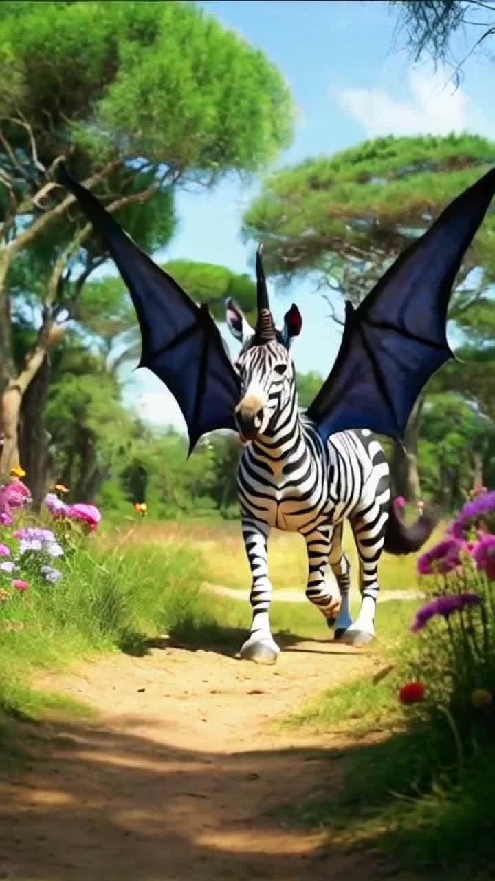  weird composite Unicorn snouted, winged Pegasus Batheaded creature with vibrant fruitpatterned fur sleek zebra body showcasing bold black and white stripes gracefully bounds through lush green savanna vibrant flowers swaying in a gentle breeze sunlight filtering through tall trees illuminating its unique form vibrant wings unfurling as it leaps exploring its wild habitat curiosity in its playful eyes reflecting joy and wonder vibrant colors blending harmoniously amidst a whimsical atmosphere unique fusion of species dancing freely in natures embrace bringing a smile to every onlookers face