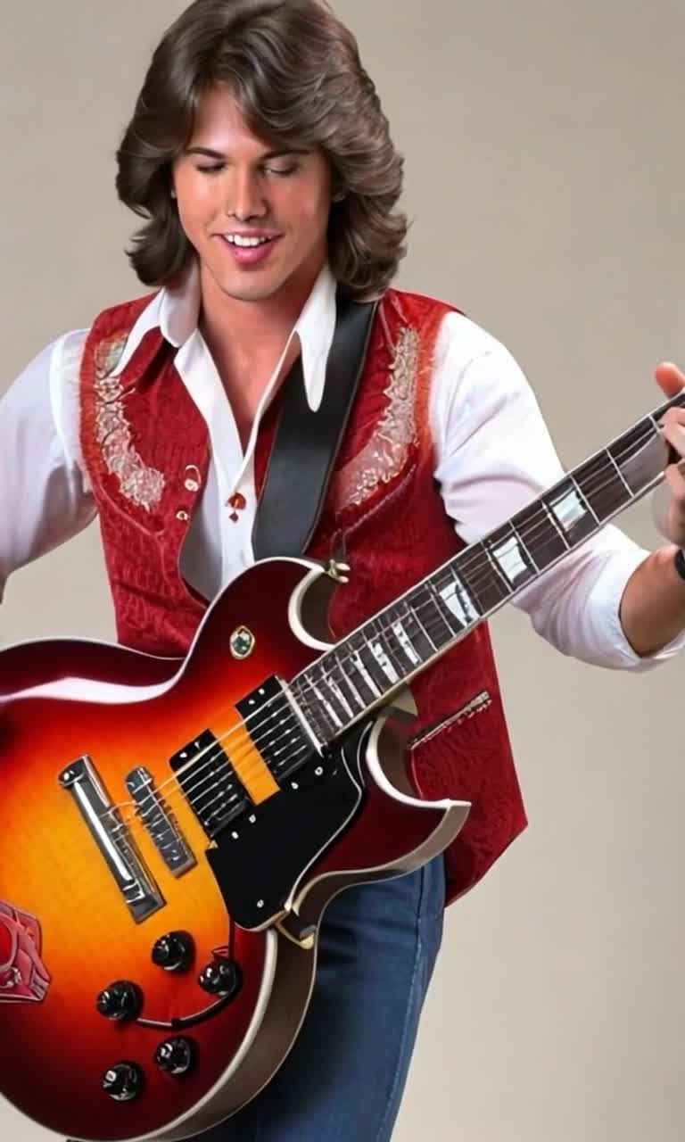 A male guitarist gently fingerpicking with his right hand, his left hand on the frets on the neck as he gazes with a big smile on his face as he is playing the guitar in a church, the light streaming different colors through the stain glass window