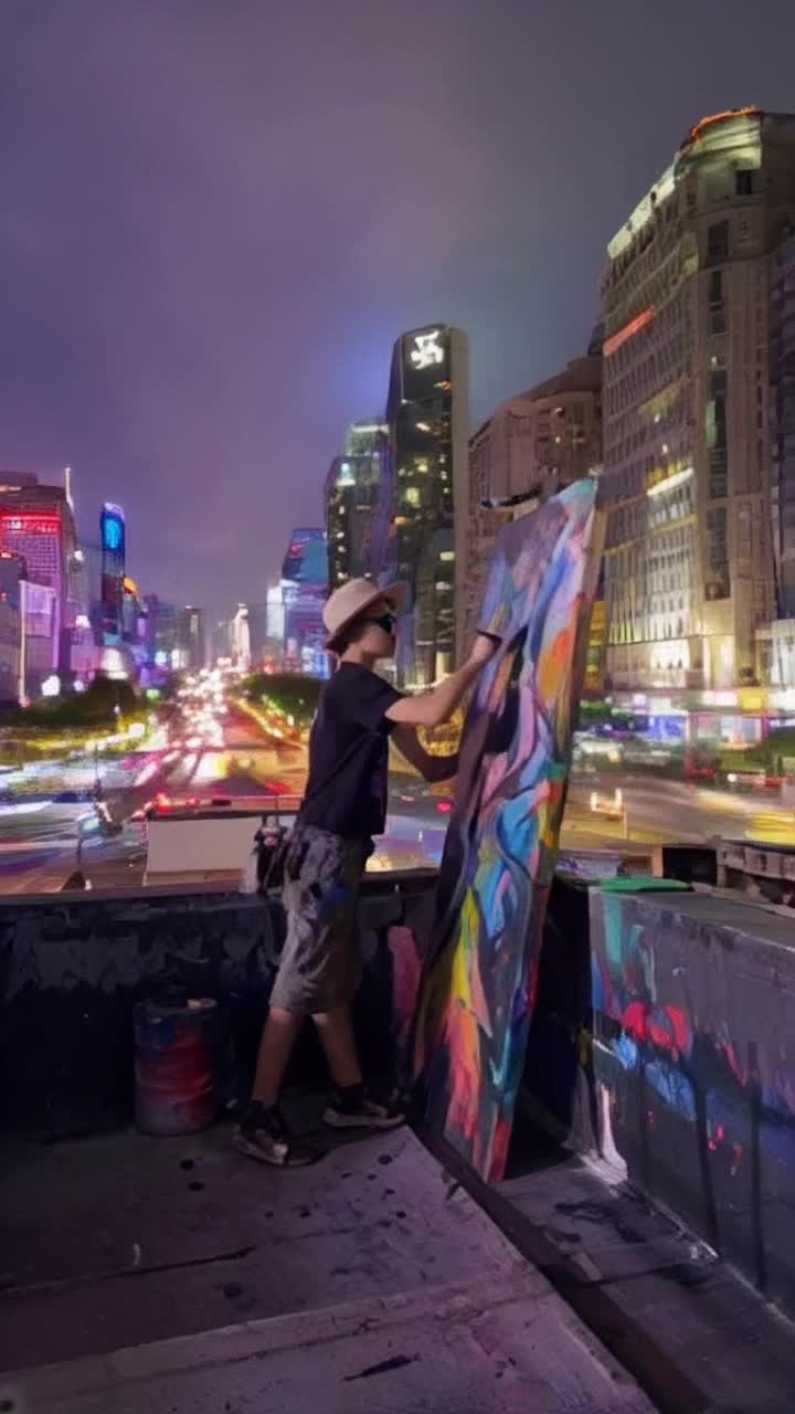 Young street artist, vibrant colors streaking, soaring gracefully across rooftops, paint splashing energetically against dull grey walls, strokes radiating life. Dazzling neon lights reflecting off bustling streets, dynamic urban skyline pulsating with energy, twilight sky casting a magical glow, city sounds merging into a rhythmic symphony, creativity bursting forth amidst towering buildings