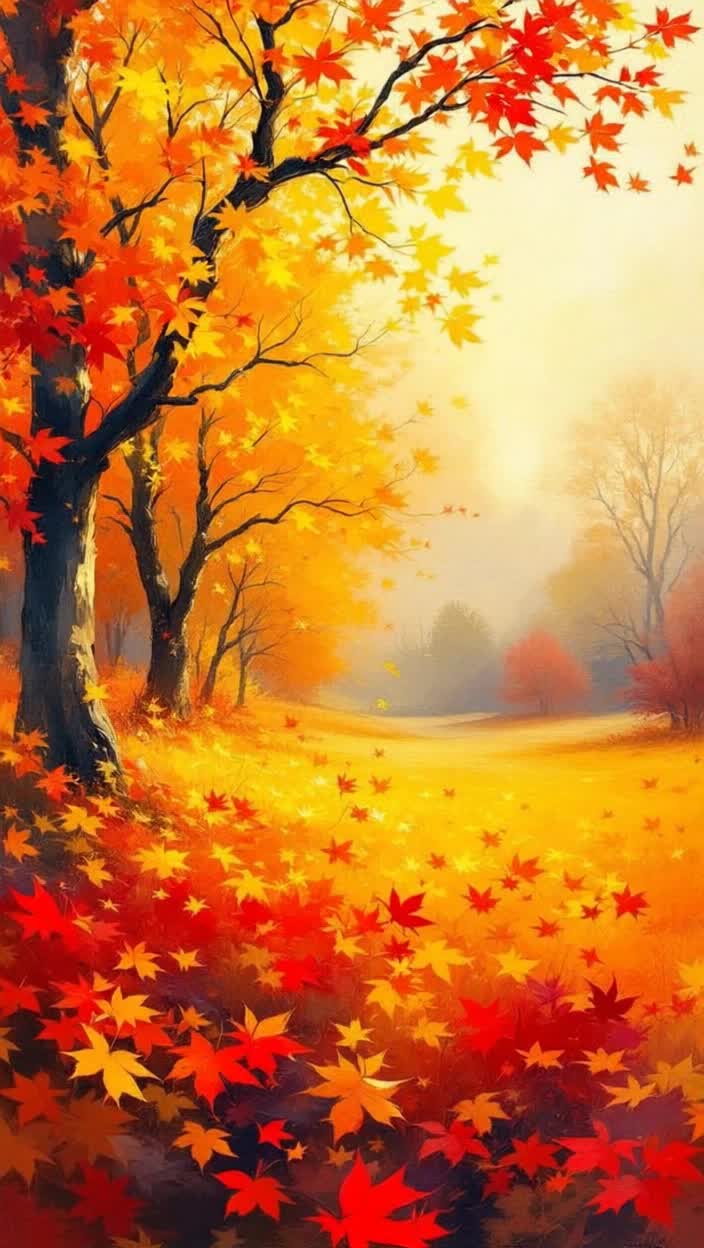 Impressionist painting of an autumn landscape bright orange, yellow, and crimson leaves swirling in the wind, soft tree silhouettes under a warm sky Expressive, textured brushstrokes capturing motion and light A peaceful, nostalgic atmosphere full of warmth In the style of Claude Monet and Ivan Shishkin, painterly composition, harmonious color palette, artistic realism with a gentle glowing effect