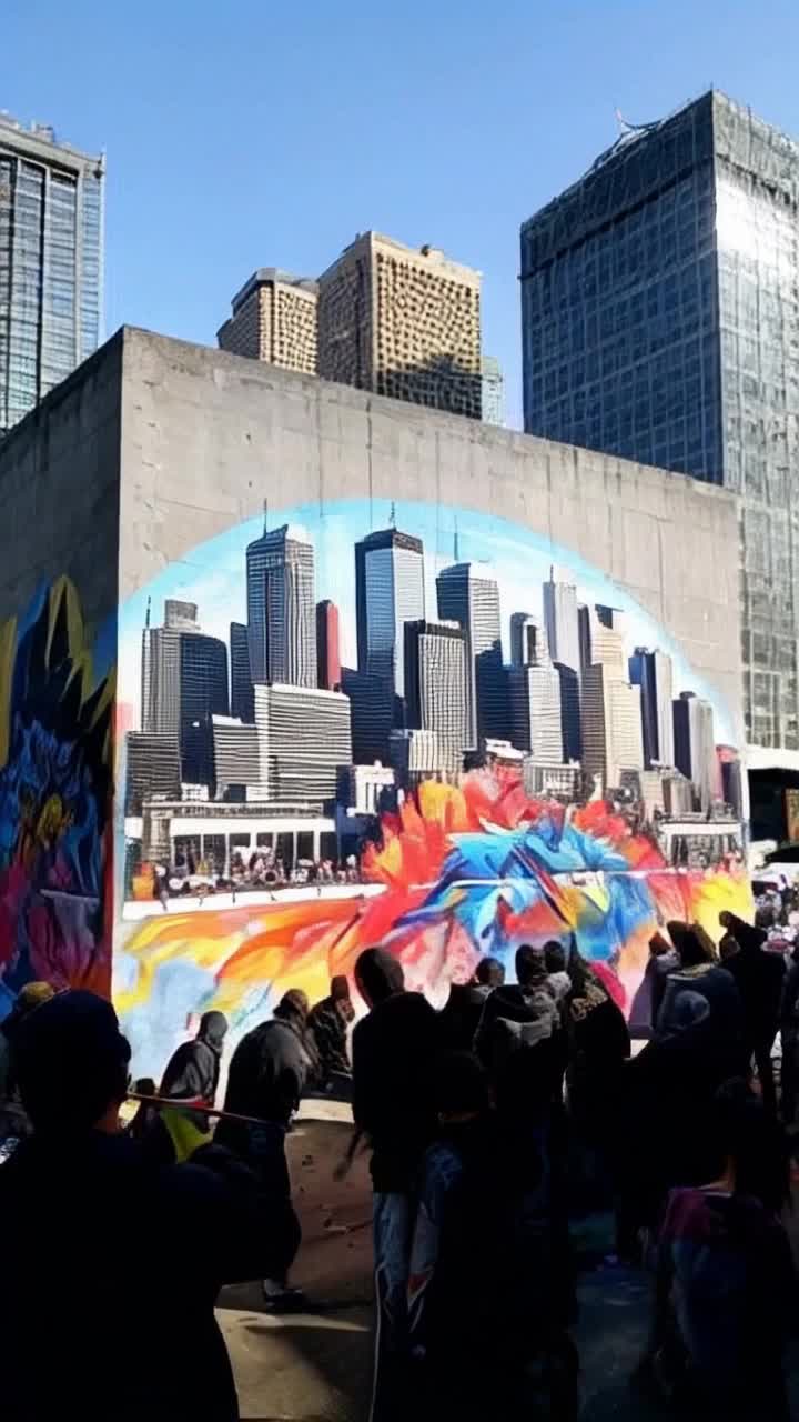 Vibrant artists with dynamic movements splash colors across a massive wall transforming gray concrete into a vivid mural bursting with life Each swift stroke evokes powerful emotions as their brushes dance with purpose invoking feelings of hope and rebellion Sunlight filters through urban skyscrapers illuminating the scene as onlookers gather entranced by the unfolding masterpiece Creativity radiates against a backdrop of looming shadows depicting the oppressive Syndicate now adorned with symbols of freedom The air buzzes with energy as the crowd cheers igniting a movement fueled by art and passion